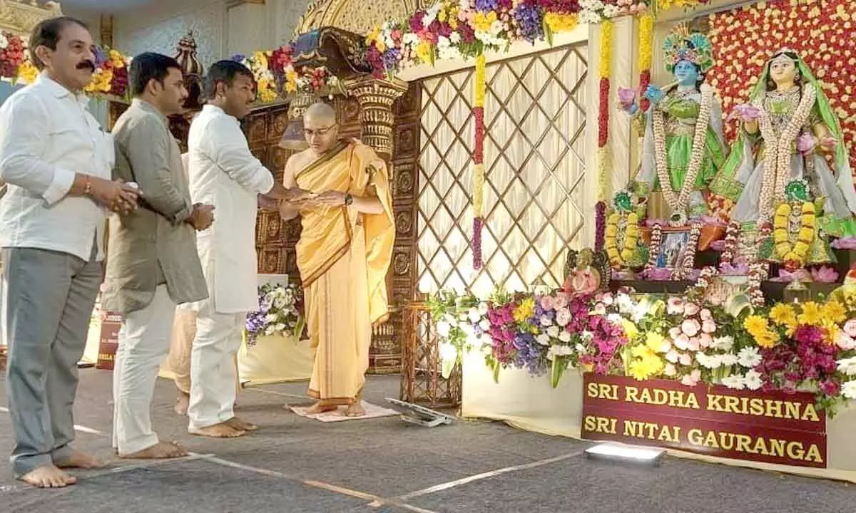IT Minister G Amarnath participates in Sri Krishnashtami celebrations by the Hare Krishna Movement in Visakhapatnam on Thursday