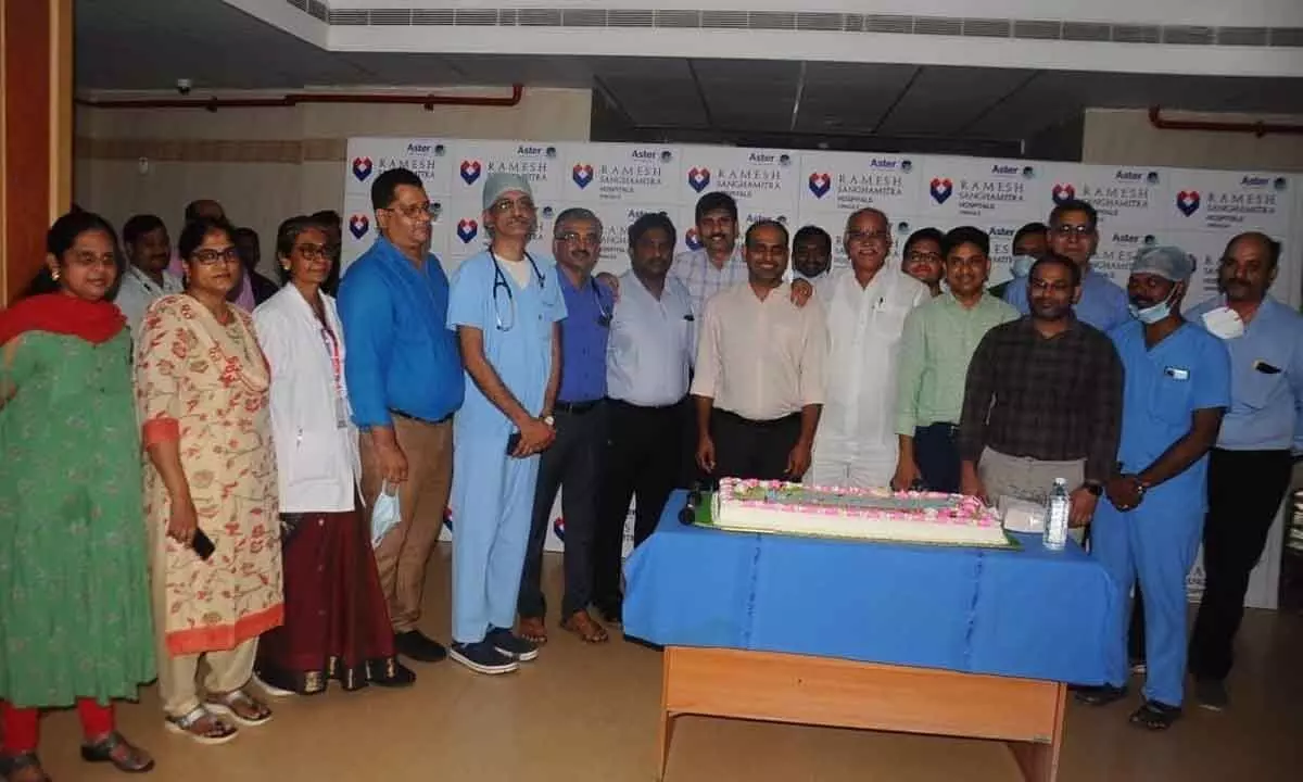 Management and staff of Ramesh Sanghamitra Hospital celebrating its 11th anniversary in Ongole on Thursday