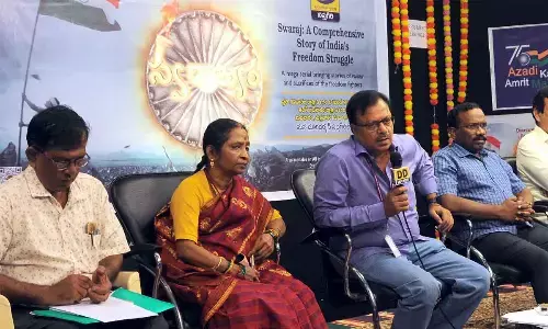 Deputy director general, Doordarshan Kendra, Dr D Ranganatham and other officials addressing a press conference at  Doordarshan Kendra in  Vijayawada on Thursday
