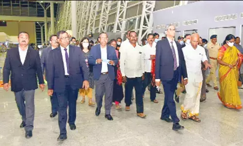 Chief Justice of India N V Ramana arrives at Renigunta airport on Thursday evening