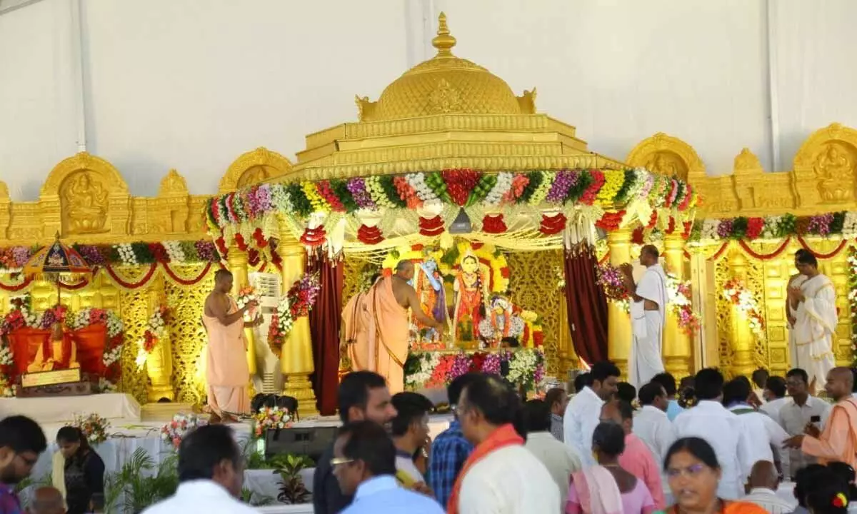 Special pujas being performed to Lord Sri Krishna at ISKCON temple at Tadepalli on Friday