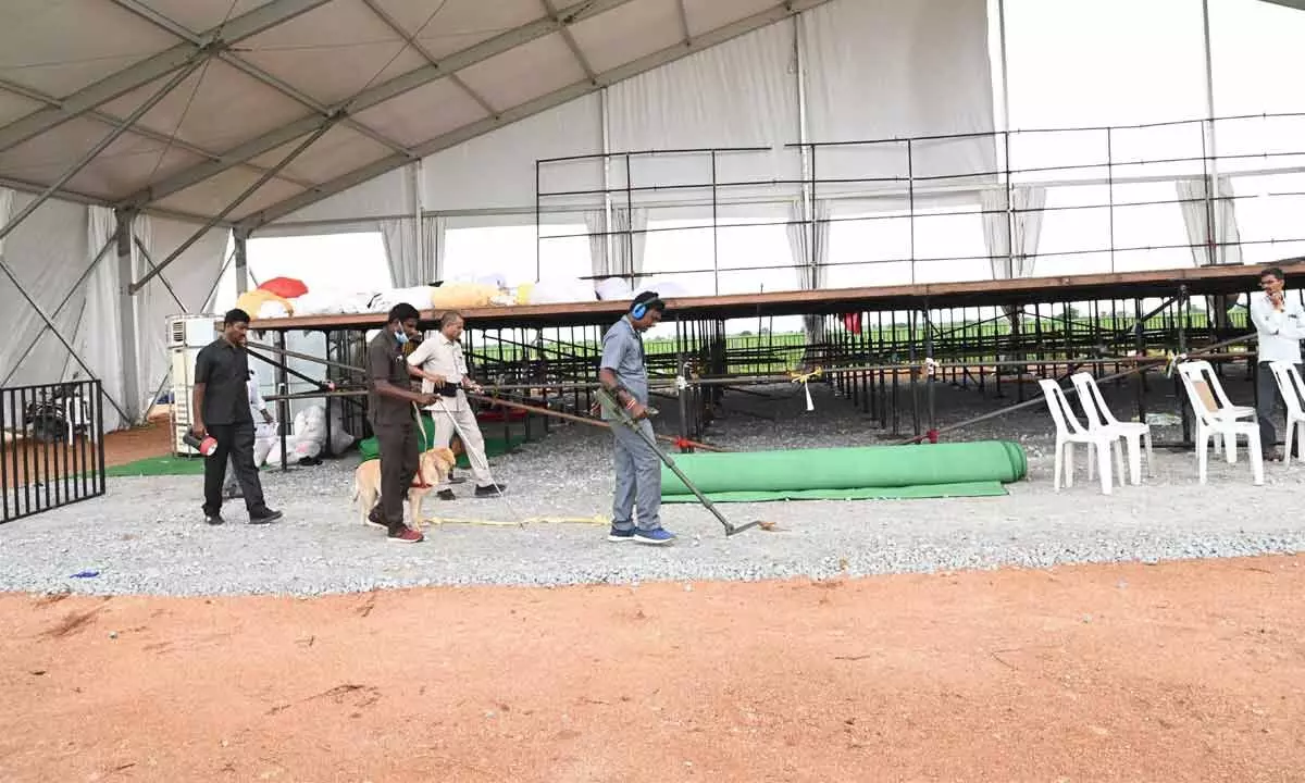 Security personnel inspecting the venue where Chief Minister K Chandrashekar Rao’s public meting will be held in Munugodu  on Saturday