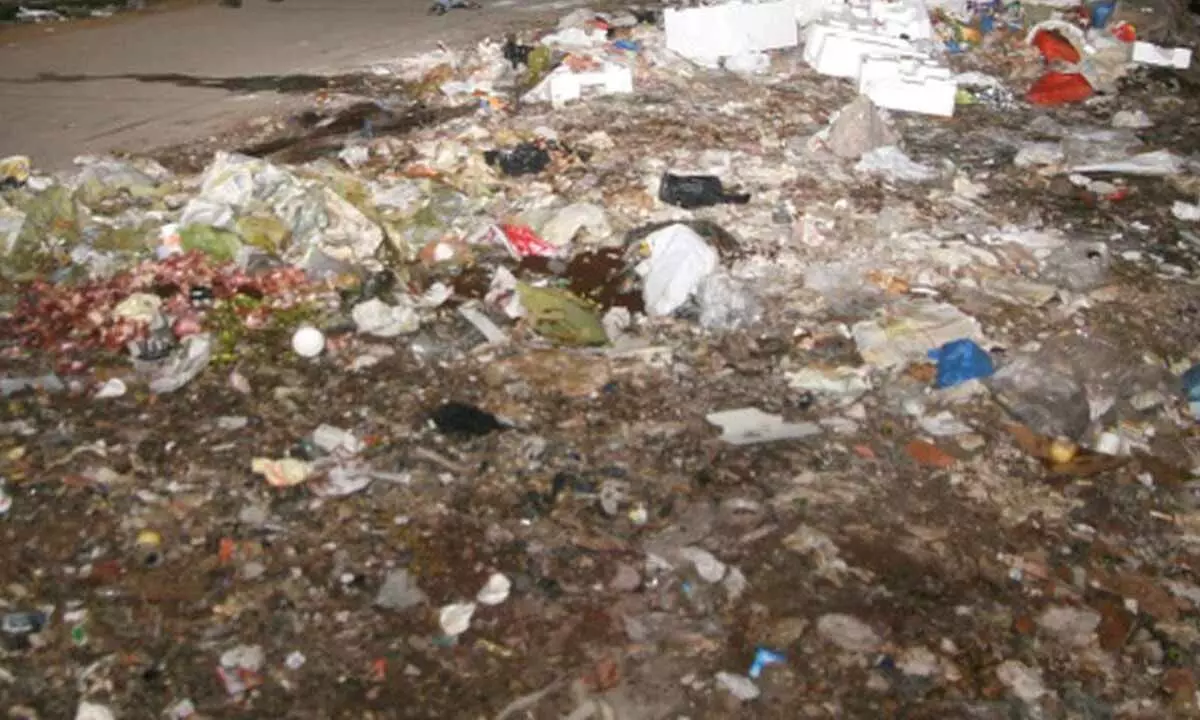 Heaps of garbage piled up near Sachivalayam on IS Mahal Road in Tirupati