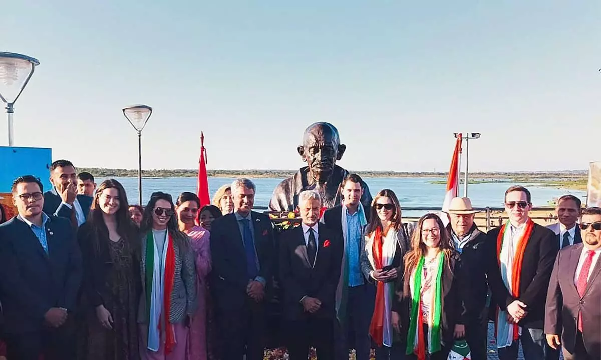 External Affairs Minister S Jaishankar poses for photographs at the unveiling of a bust of Mahatma Gandhi in Asuncion, Paraguay