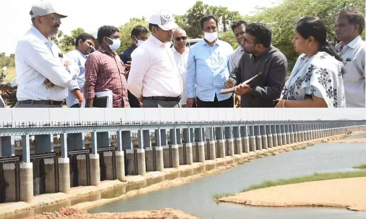 District Collector KVN Chakradhar Babu interacting with the officials at Sangam barrage on Monday (Top Pic); Sangam barrage getting ready for inauguration by CM on Aug 30 (Bottom Pic)
