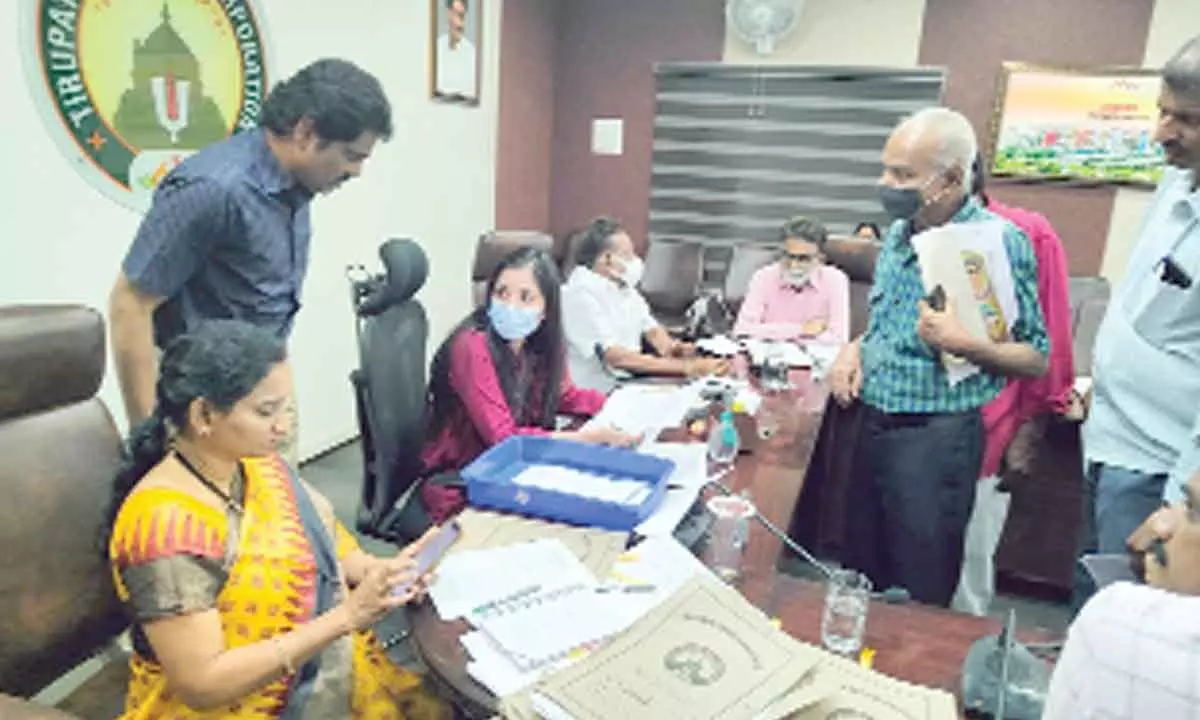 Municipal Commissioner Anupama Anjali receiving complaints from public at the weekly Spandana programme held at the municipal office in Tirupati on Monday