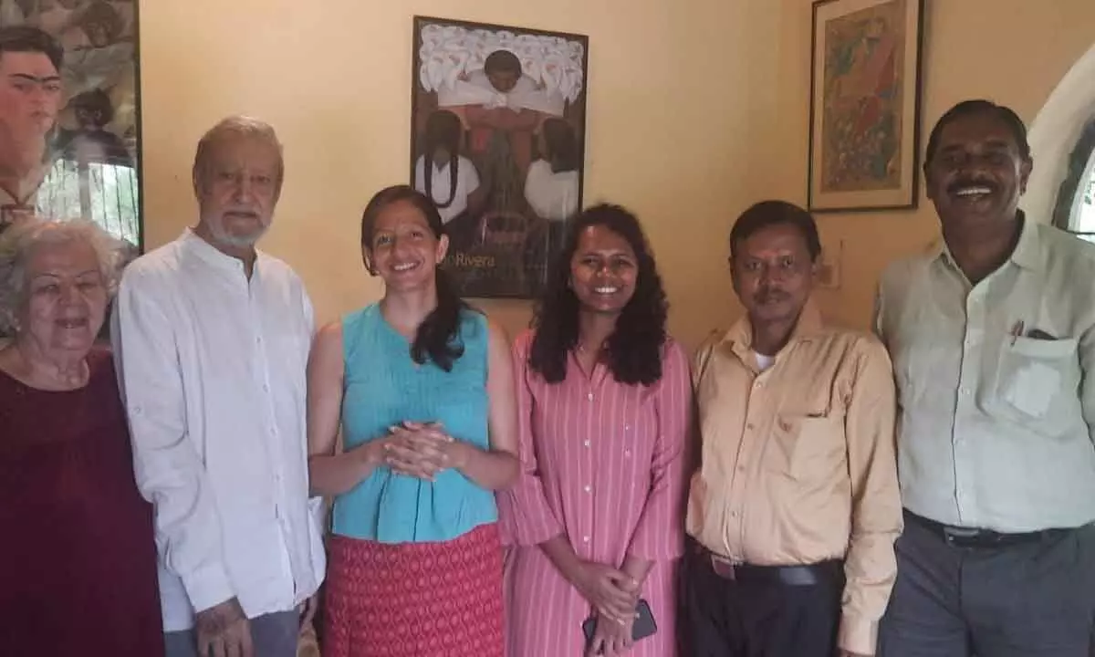 Tara Bedi, Development Economist with Young India project functionaries in Penukonda on Monday