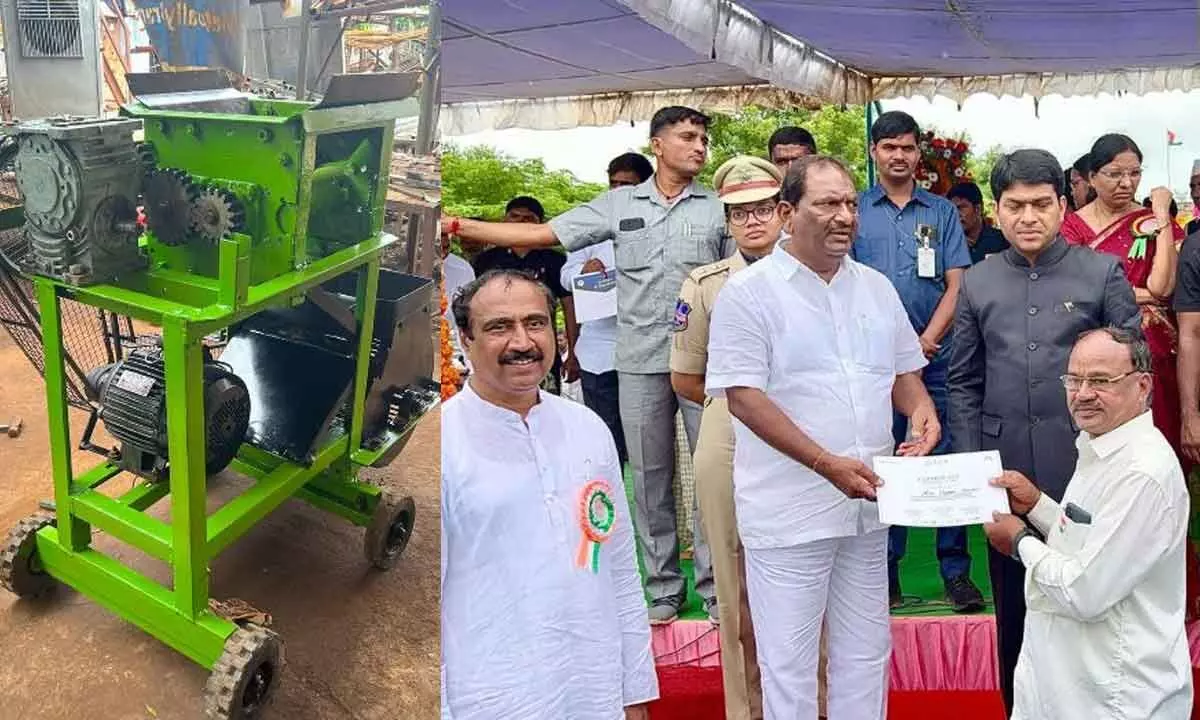 Innovative coconut shredding machine at Metpally in Jagtial district.; An innovator of Metpally in Jagtial district receiving certificate of appreciation from Minister K Eshwar