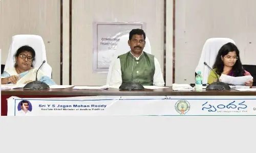 District Collector  S Dilli Rao, Joint Collector Nupur Ajay Kumar (right) and DPO Sunitha (left) during Spandana programme at Pingali Venkayya meeting hall in Vijayawada on Monday