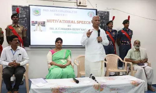 TTD EO A V Dharma Reddy addressing the students at Sri Govindaraja Swamy Arts College in Tirupati on Monday