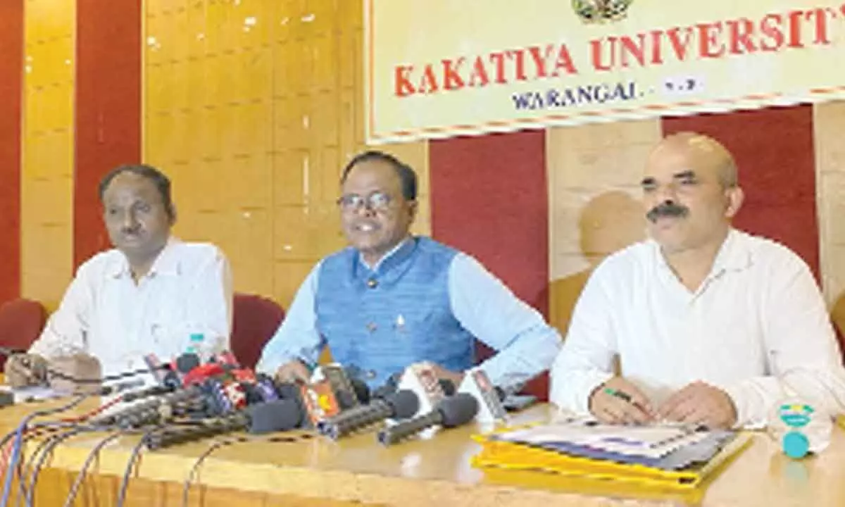 Kakatiya University Vice-Chancellor Prof Thatikonda Ramesh speaking to media persons in Warangal on Tuesday