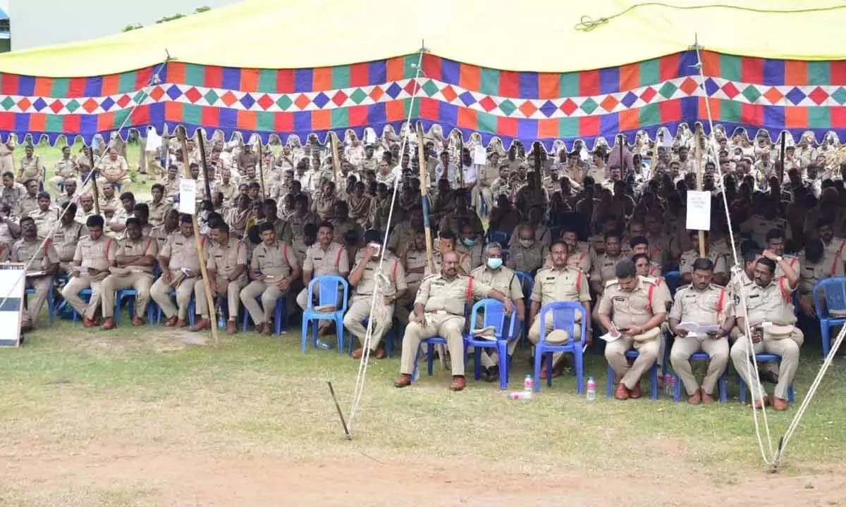 Krishna district police at a meeting at Pedana market yard on Wednesday