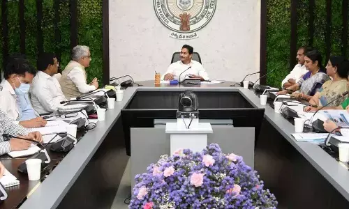 Chief Minister Y S Jagan Mohan Reddy holds a review on maintenance of government schools, midday meals, Sampoorna Poshana at his camp office in Tadepalli on Wednesday