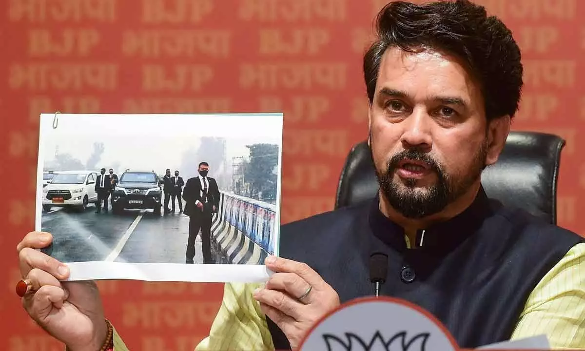 Union Minister for Information & Broadcasting and BJP leader Anurag Thakur addresses a press conference at BJP Headquarters in New Delhi, on Thursday