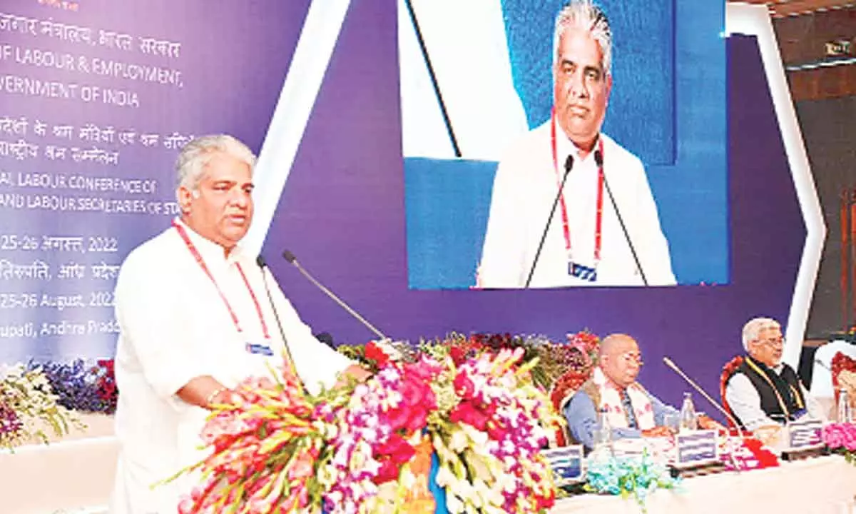 Union Labour Minister Bhupender Yadav addressing the concluding session of Labour Ministers’ Conference in Tirupati on Friday