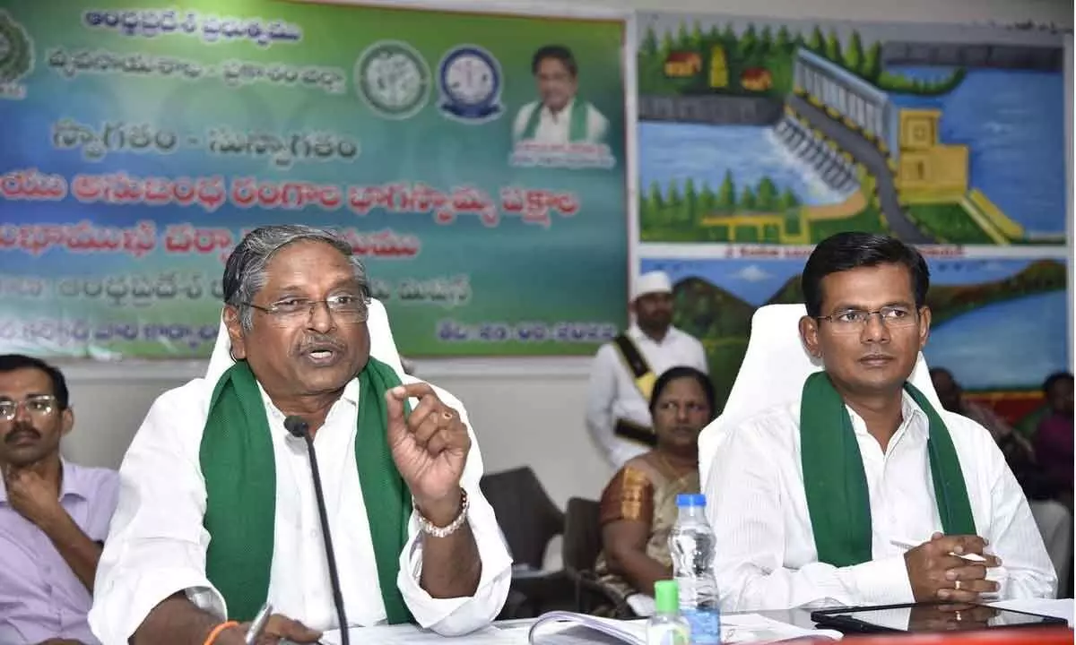 AP State Agriculture Mission vice-chairman MVS Nagireddy speaking at a meeting with stakeholders of agriculture and allied fields at Ongole Collectorate on Friday. District Collector AS Dinesh Kumar is also seen.