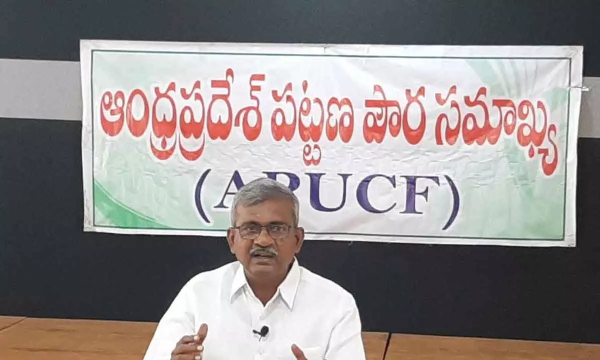 APUCF convener Ch Babu Rao addressing the media in Vijayawada on Friday