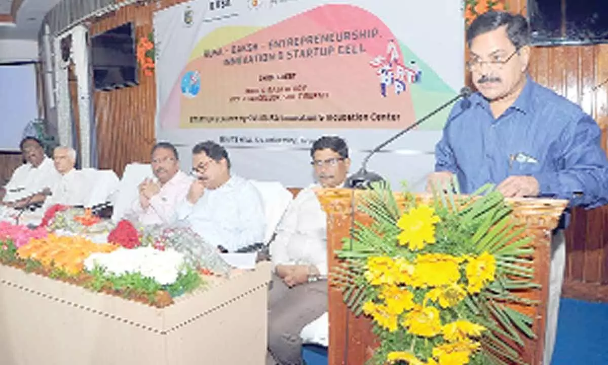 SV University Vice Chancellor Prof K Raja Reddy speaking at a meeting at the Senate Hall in Tirupati on Friday