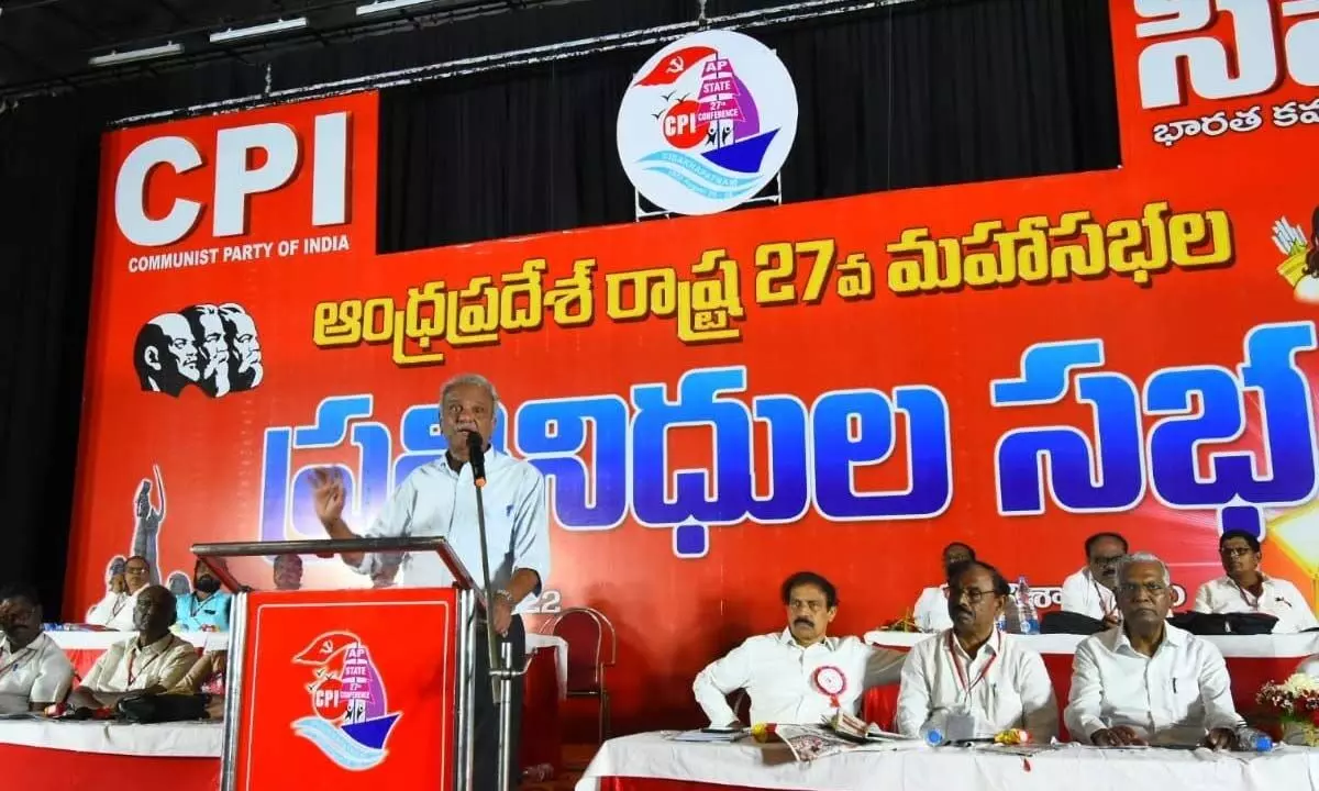 CPI national secretary K Narayana addressing the 27th CPI state mahasabha  in Visakhapatnam on Sunday