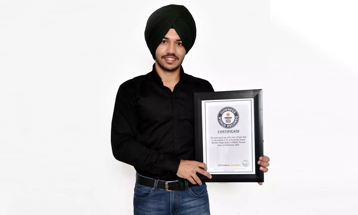 For performing the most push-ups with claps (fingertips) in one minute, a teen named Kuwar Amritbir Singh, 20, of Punjabs Gurdaspur district