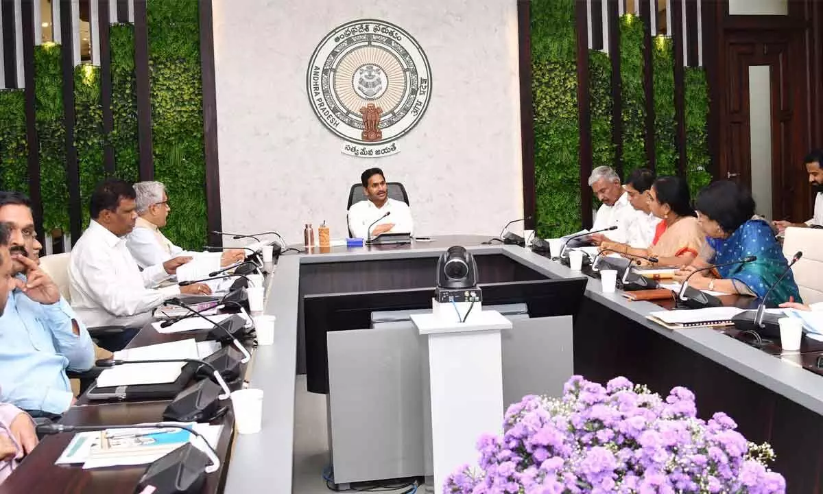 Chief Minister Y S Jagan Mohan Reddy holds a meeting with ministers and officials on points to be discussed in Southern Zonal Council Meeting scheduled for September 3 at Thiruvananthapuram, at his camp office in Tadepalli on Monday