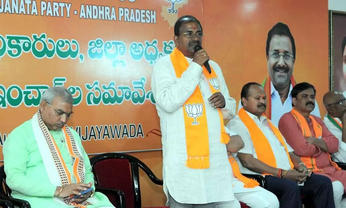 BJP state president Somu Veerraju addressing the party state executive committee meeting at the party state office on Vijayawada on Monday
