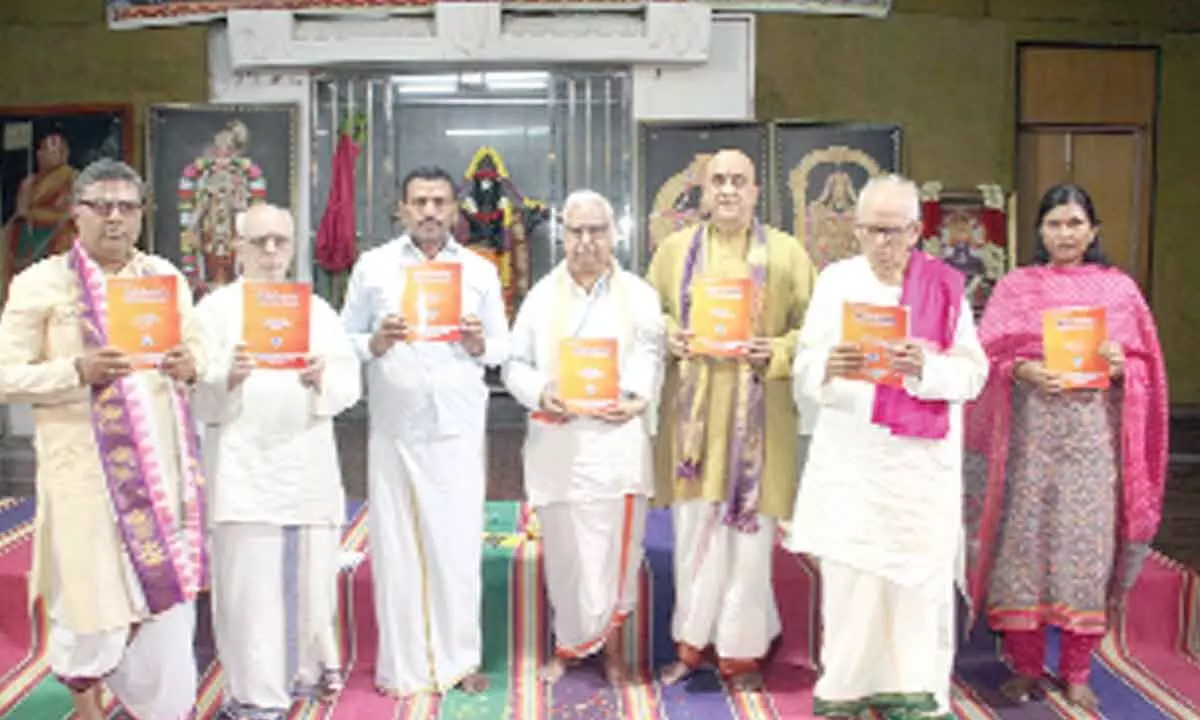 TTD JEO Veerabramham along with other officials releasing Mani Manjari, a literary publication of Veturi Prabhakar Satstri, at Annamacharya Kalamandir in Tirupati on Monday.