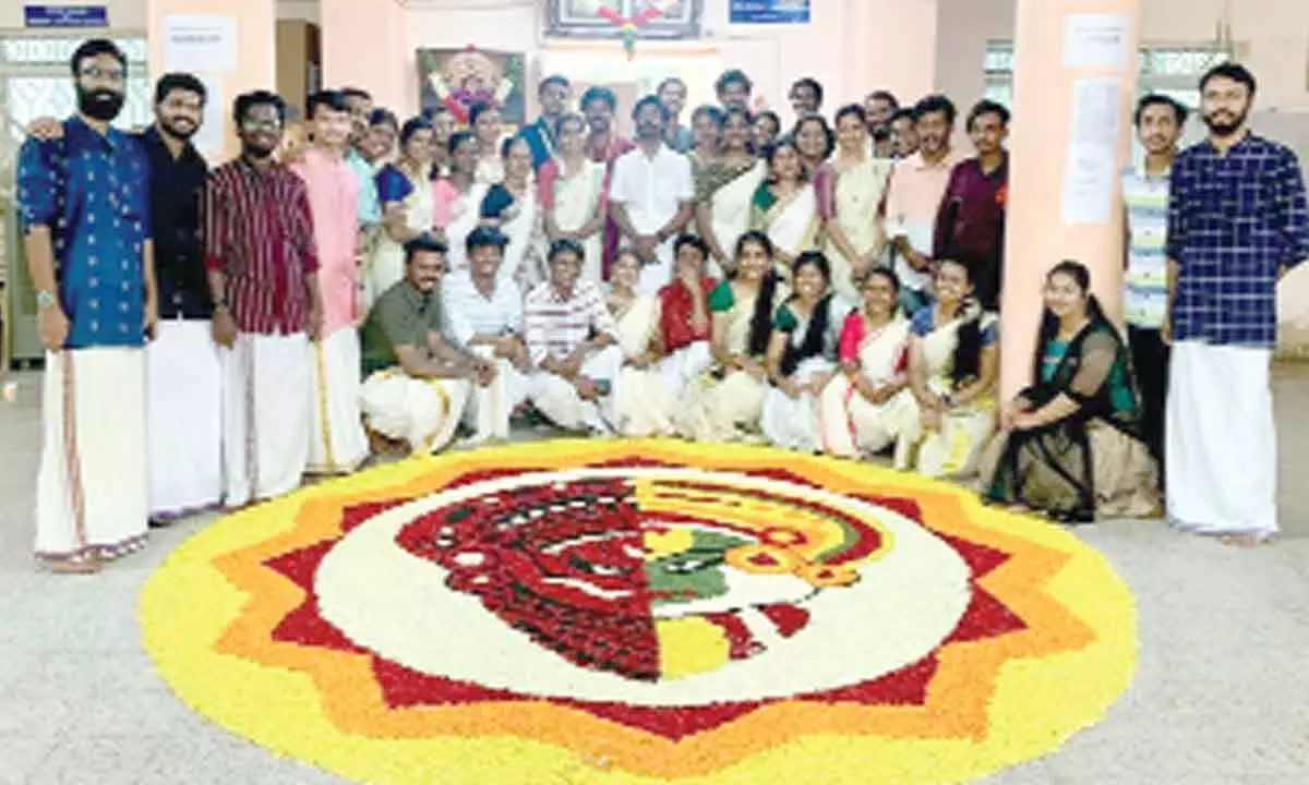 Students in traditional Kerala attire taking part in Onam celebrations at National Sanskrit University in Tirupati on Monday.