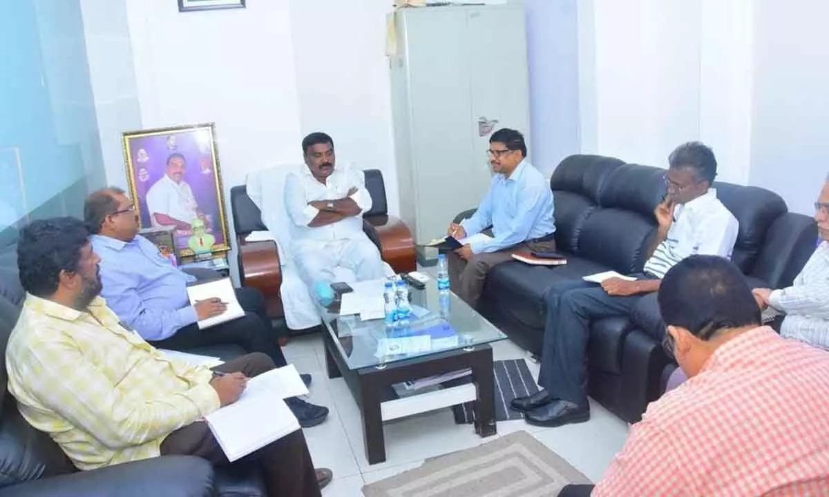 Minister M Nagarjuna at a review meeting on Jagananna Videshi Vidya scheme with officials at Velagapudi on Monday