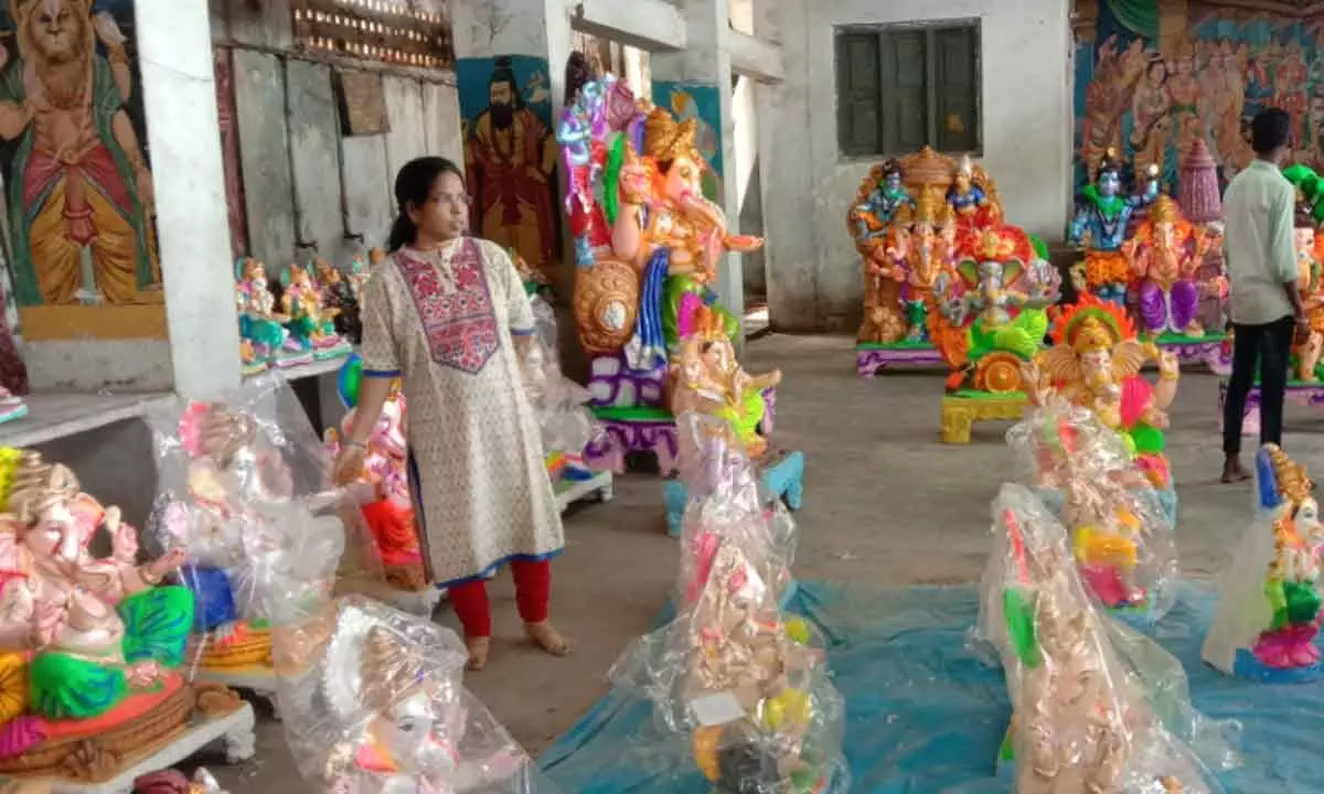 Vinayaka idols being prepared for the puja in Vizianagaram