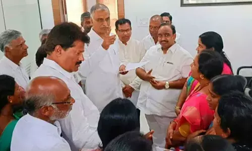 MLA V Sathish Kumar meeting Finance Minister T Harish Rao in Hyderabad on Monday