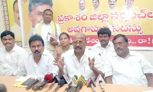 Panchayat Raj Chamber president YVB Rajendra Prasad speaking at a press meet in Ongole on Monday