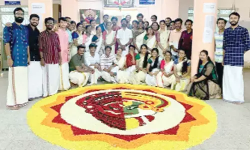Students in traditional Kerala attire taking part in Onam celebrations at National Sanskrit University in Tirupati on Monday.