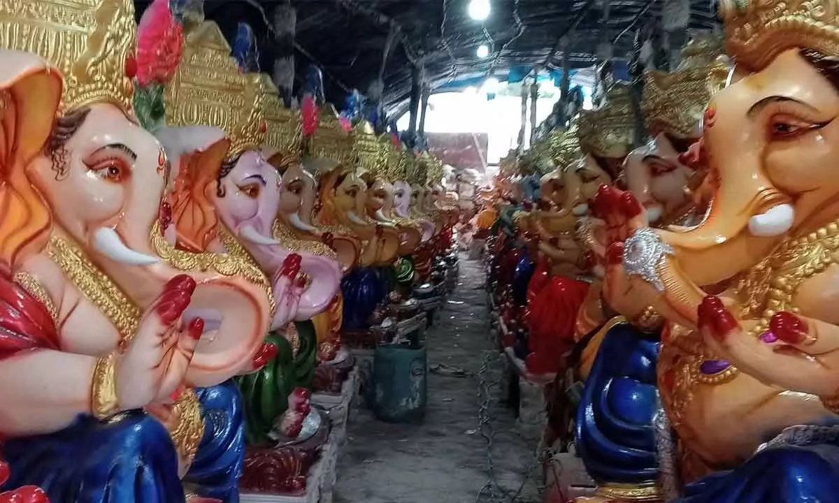 Ganesh idols ready for installation at pandals in Karimnagar district