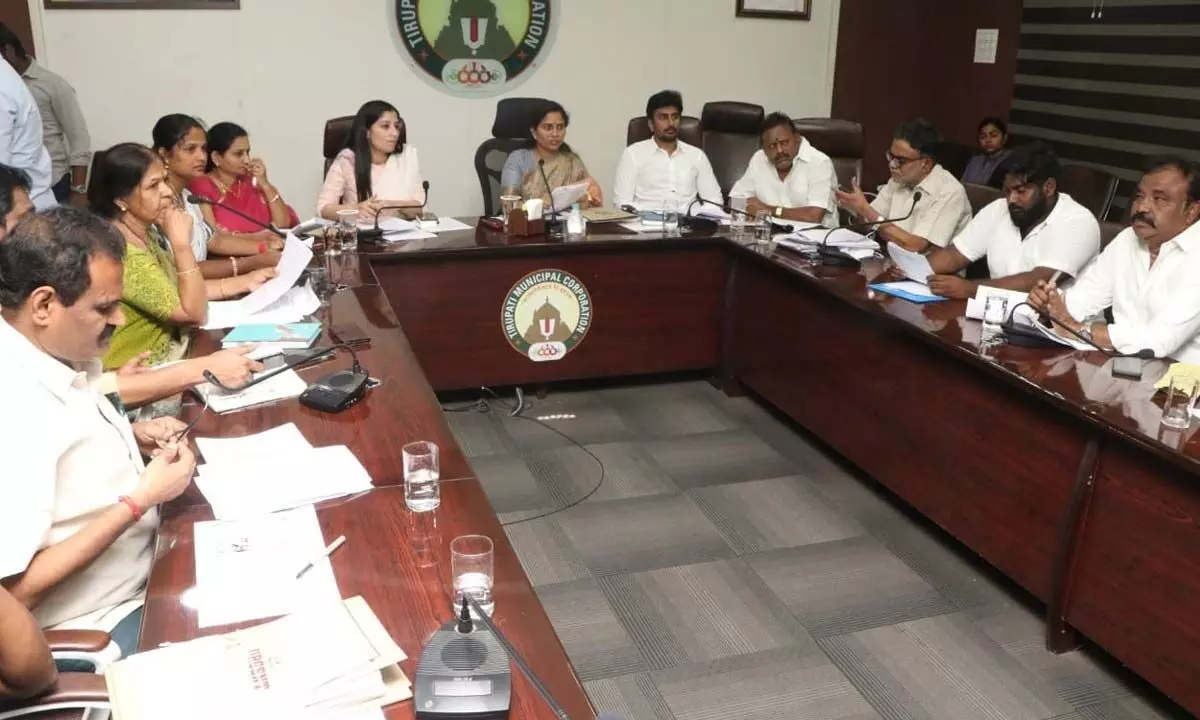 Mayor Dr R Sirisha presiding over the Tirupati Municipal Corporation standing committee meeting on Tuesday. Municipal Commissioner Anupama Anjali and other officials are seen.