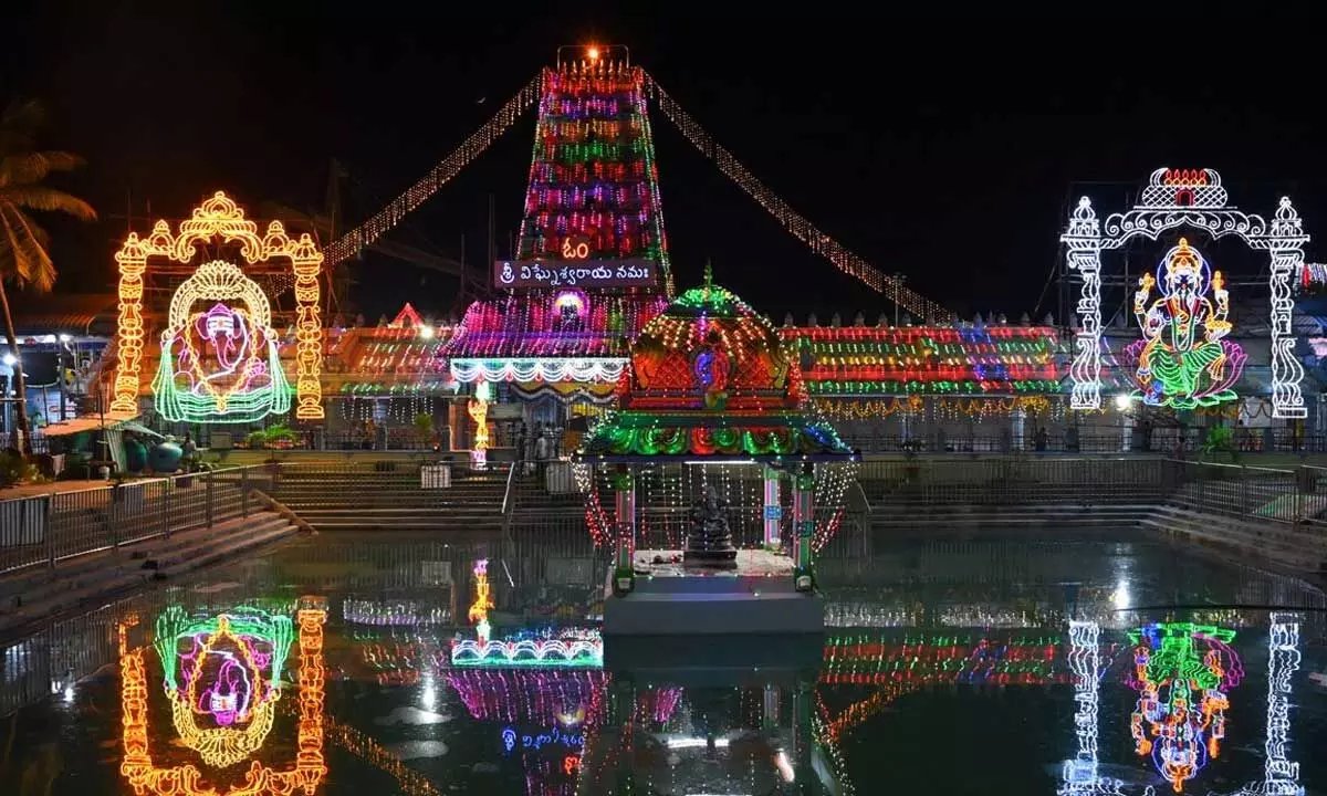 Illuminated Varasiddi Vinayaka Swamy temple in Kanipakam on the eve of Vinayaka Chavithi on Tuesday