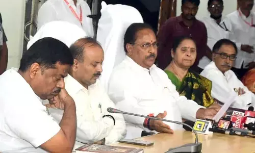 Endowments minister Kottu Satyanarayan, Kanaka Durga  temple executive officer D Bramaramba and other officials  addressing a press conference on Dasara celebrations in in Vijayawada on Tuesday