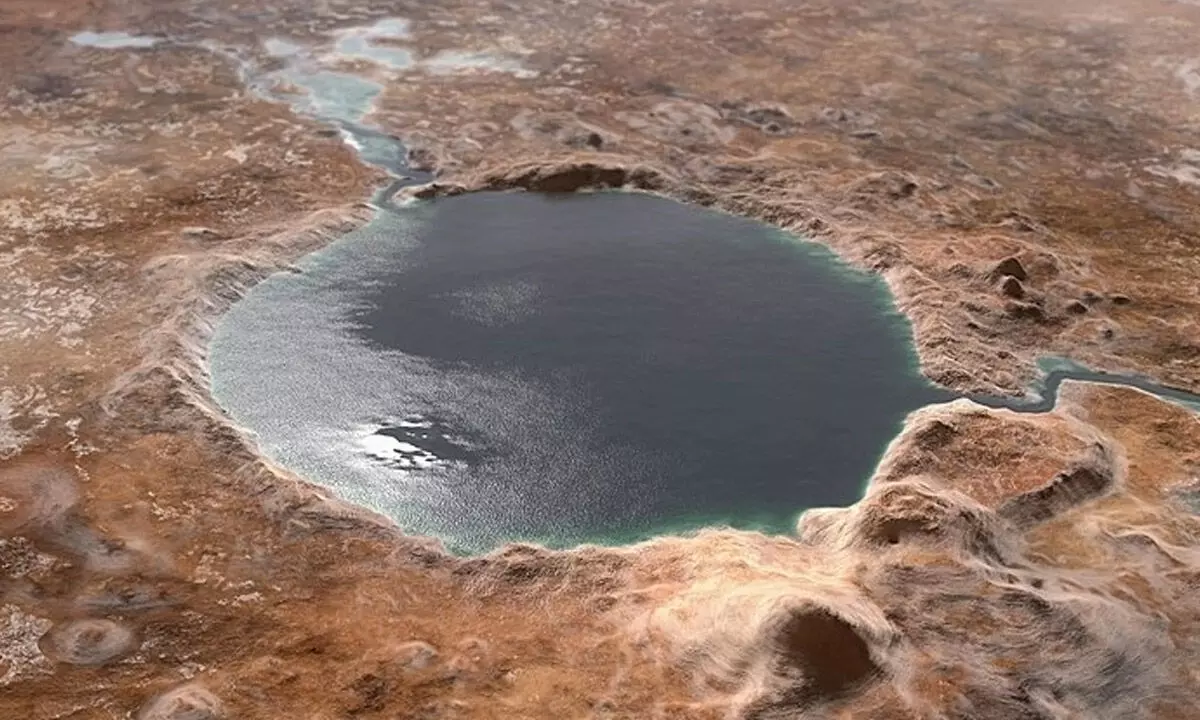 Artist’s impression of what Jezero Crater may once have looked like billions of years ago. (NASA/JPL-Caltech)