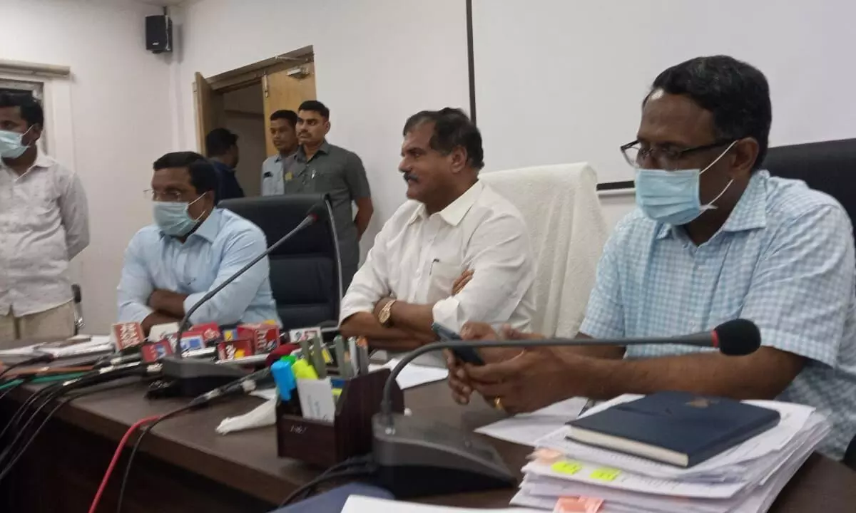 Education Minister Botcha Satyanarayana addressing the media in Vijayawada on Thursday