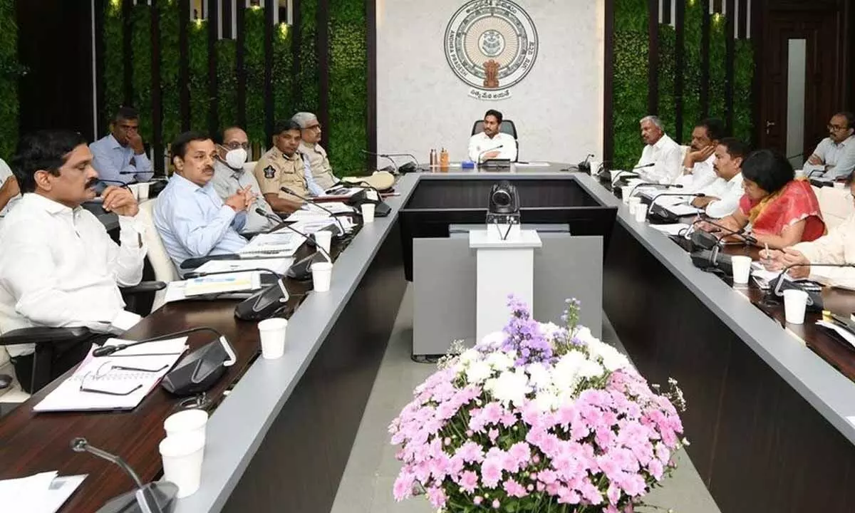 Chief Minsiter Y S Jagan Mohan Reddy holds a review on revenue-earning departments at camp office in Tadepalli on Thursday