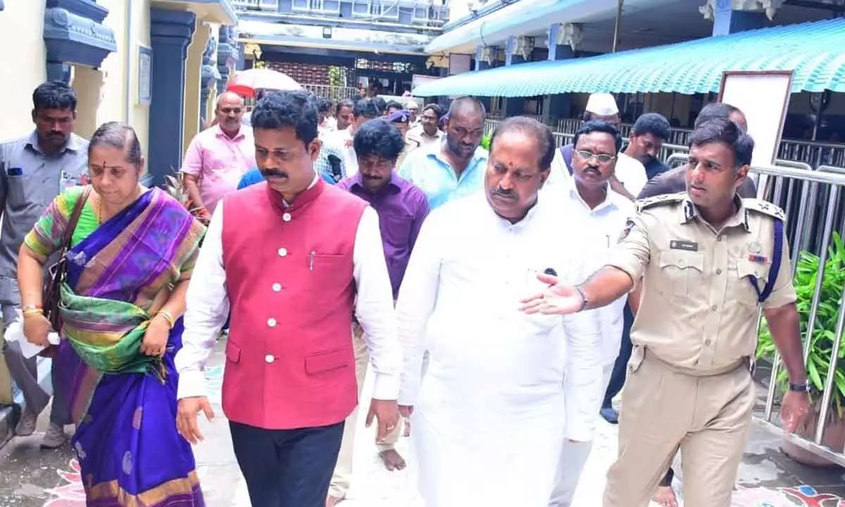 Endowments Minister Kottu Satyanarayana, Commissioner of Police Kanthi Rana Tata and District Collector S Dilli Rao inspecting works related to Dasara celebrations atop Indrakeeladri on Friday