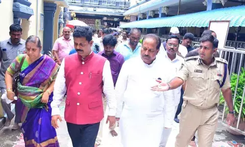 Endowments Minister Kottu Satyanarayana, Commissioner of Police Kanthi Rana Tata and District Collector S Dilli Rao inspecting works related to Dasara celebrations atop Indrakeeladri on Friday