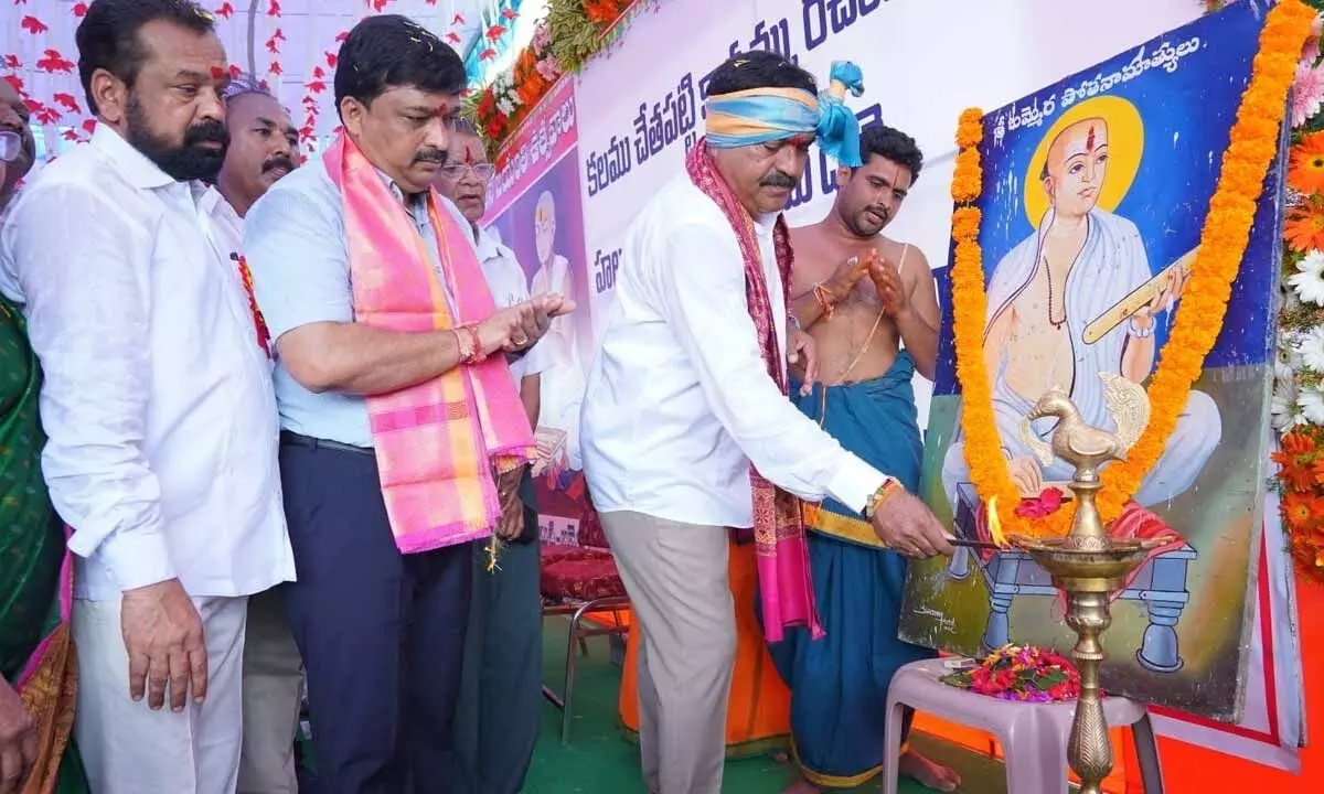 Panchayat Raj Minister Errabelli Dayakar Rao participating in the birth anniversary celebrations of saint poet Pothana at Bammera village in Jangaon district on Sunday