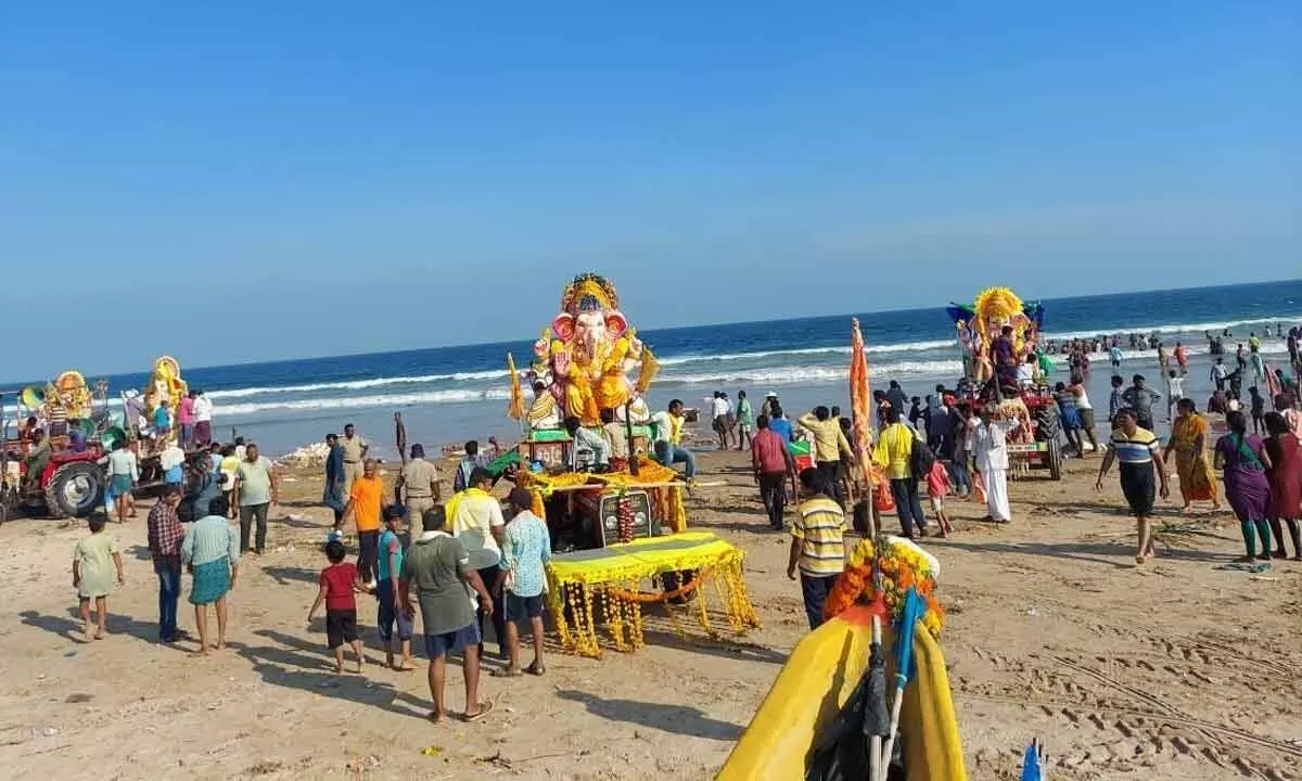 Lord Ganesh Idols being immersed at Suryalanka Beach of Bapatla district on Sunday