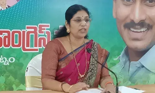 MLC Varudhu Kalayani speaking at the media conference in Visakhapatnam on Sunday