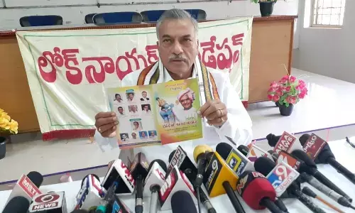 Lok Nayak Foundation chairman Yarlagadda Lakshmi Prasad speaking to the media in Visakhapatnam on Sunday