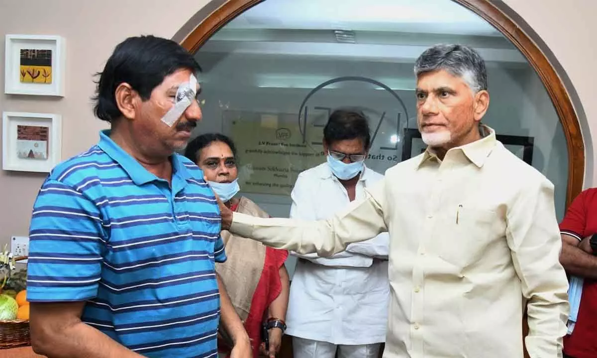 TDP chief N Chandrababu Naidu calls on party leader Chennupati Gandhi at  L V Prasad Eye Institute in Hyderabad where he was undergoing treatment, on Monday