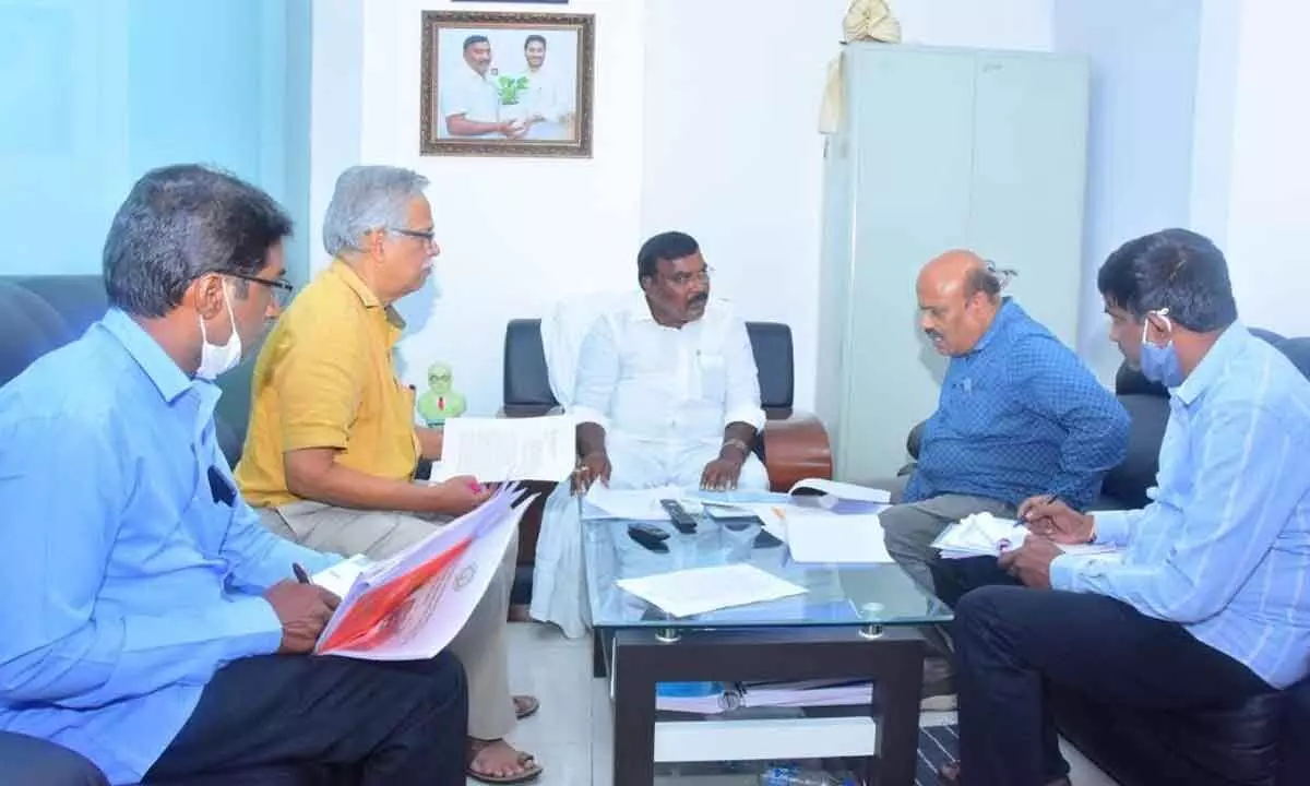 Social Welfare Minister Merugu Nagarjuna conducting a review meeting with the officials on SC Gurukul Schools at Secretariat in Velagapudi on Monday