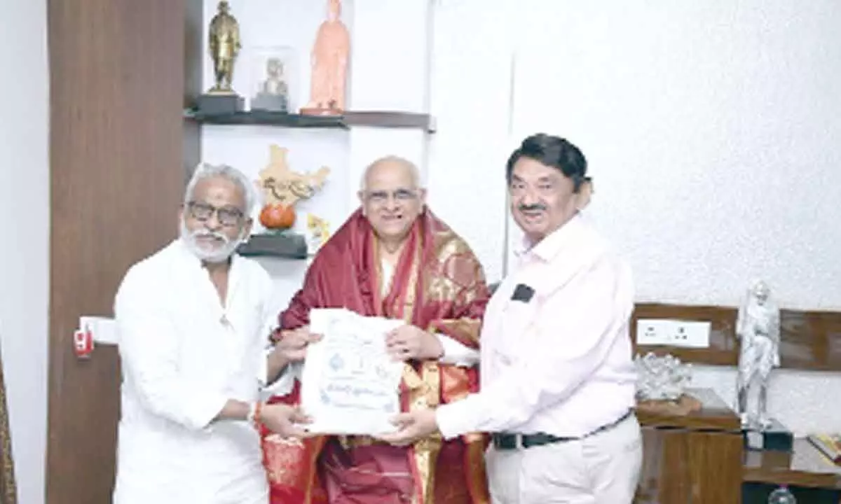 TTD chairman  Y V Subba Reddy along with TTD trust board member Kethan Desai felicitates Gujarat Chief Minister Bupendra Rajanikanth Patel in Ahemdabad on Monday