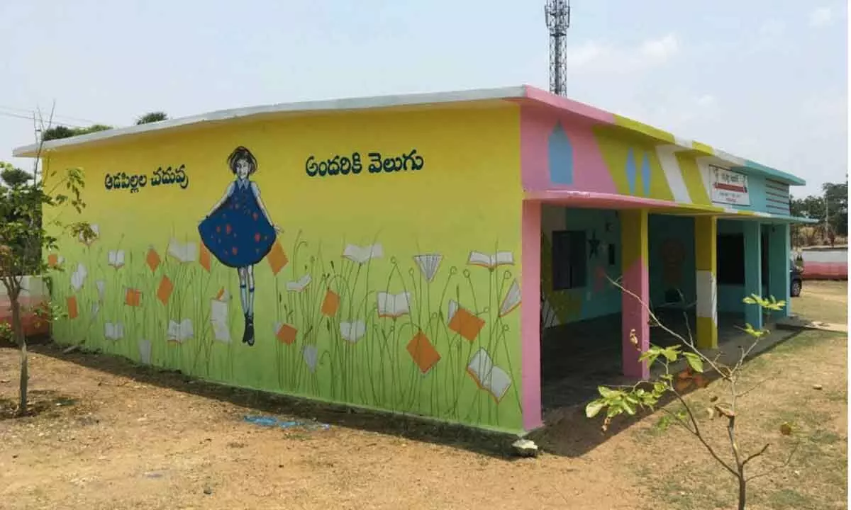 Artists Swathi and Vijay painted the  walls of 15 buildings incloding schools and stadium in the Khammam town